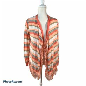 Say What Open‎ Cardigan Orange Peach Green White with Fringe Size Small USA